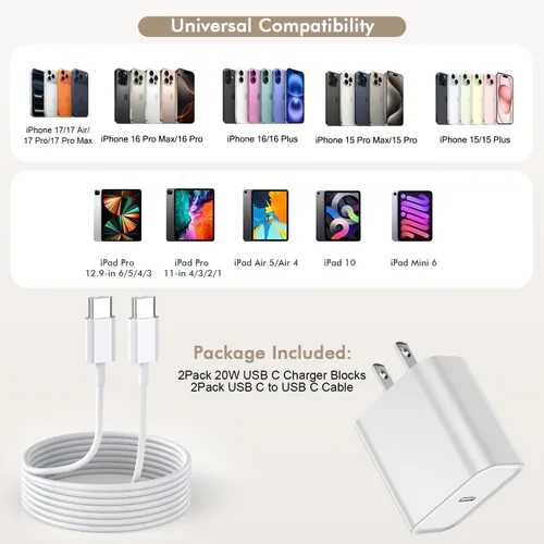 Miniatura 6 de Cargador para iPhone 16 y 15 de carga rápida, paquete de 2 cables USBC a C de 10 pies extra largo con 20 W Apple iPad USB C cargador rápido USB C