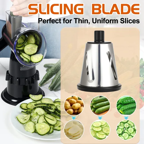 Miniatura 3 de Rallador de queso giratorio de mano con manivela, cortador de verduras con 3 cuchillas, succión estable, mango que ahorra trabajo, triturador
