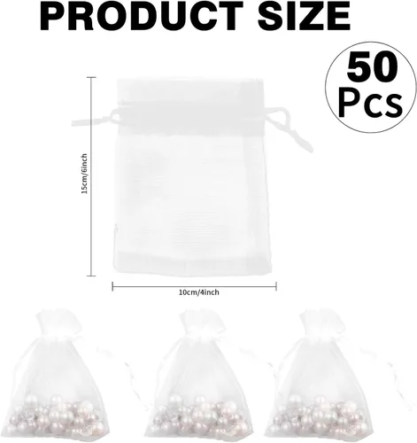 Miniatura 44 de Bolsas de organza, bolsa de organza transparente, 50 unidades, pequeñas bolsas de organza con cordón de 3 x 4 pulgadas, bolsas de regalo de joyería
