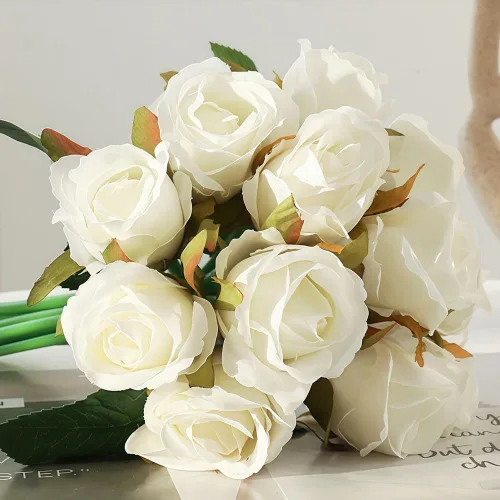 Miniatura 13 de Jasion - Rosas artificiales, arreglo de 12 cabezas, ramo de flores de seda para el hogar, oficina, fiestas, novia y decoración de boda