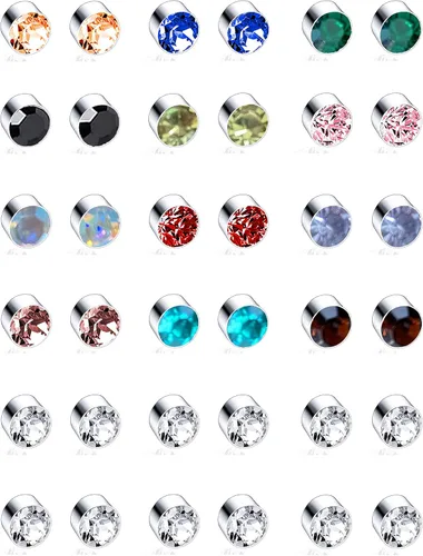 Ofeiyaa Juego de 18 pares de aretes magnéticos de circonita cúbica de colores, aretes falsos, sin piercing, aretes para mujeres y hombres, 0.157 in