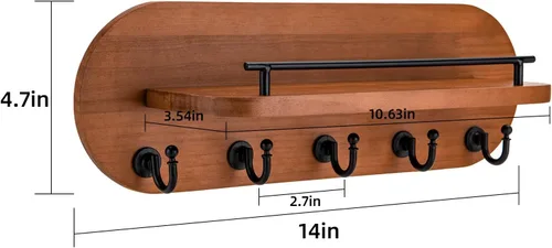 Miniatura 3 de SANY DAYO HOME Soporte para Llaves de Pared de Madera Marrón con Perchero de Entrada con 5 Ganchos Dorados, Barandilla de Estante de Metal