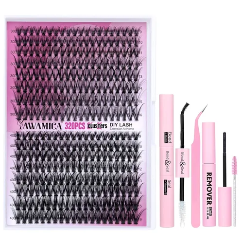 Miniatura 10 de Yawamica Kit de 320 racimos de pestañas rizadas D, 0.354-0.630 in, 40D, pestañas individuales 40D, con unión y sellado, removedor de pestañas