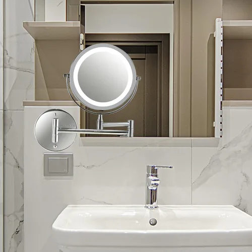Miniatura 11 de Espejo de maquillaje iluminado OVENTE de 6.8" montado en pared, aumento 1X y 7X, LED doble cara ajustable y redonda, brazo extendible, retráctil