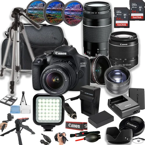 Canon EOS 2000D (Rebel T7) Cámara DSLR de 24 MP + lentes de 0.709-2.165 in y 2.953-11.811 in + luz LED + memoria de 128 GB + lentes + filtros +