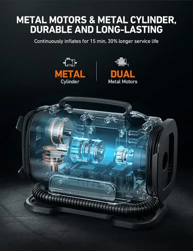 Miniatura 3 de AstroAI Inflador de neumáticos, bomba de compresor de aire portátil de 150 PSI, 12 V CC/110 V CA con motores de metal duales y luz LED, accesorios