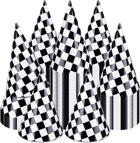 Teling - 30 sombreros de fiesta de cumpleaños a cuadros, color negro y blanco, sombrero de cono de papel, a granel, rápido, un tema, suministros de