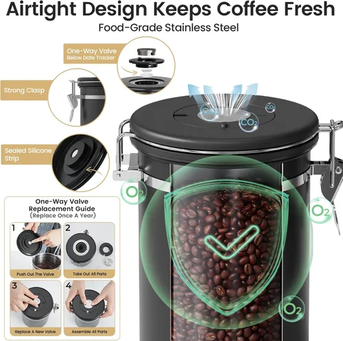 Miniatura 4 de Veken Recipiente de Café con Ventana, Contenedor Hermético de Acero Inoxidable para Despensa, Organizadores de Almacenamiento de Alimentos para Negro