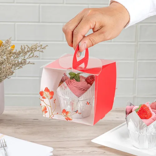 Miniatura 5 de Restaurantware - Cajas individuales para cupcakes de 4 x 4.25 pulgadas, 100 cajas de exhibición desechables para cupcakes - Con asa, acento de Rojo