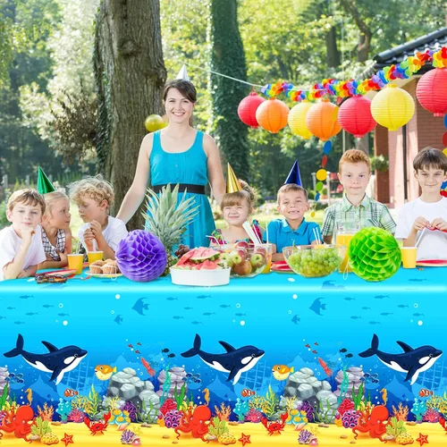 Miniatura 5 de Juego de 3 manteles de plástico con diseño de tiburón y animales bajo el mar, 106 x 54 pulgadas, diseño de ondas oceánicas para baby shower, playa