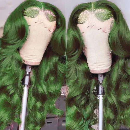Miniatura 3 de Colorful Bird Pelucas de cabello humano brasileño ondulado con encaje frontal de 13 x 4 HD, predepilada con abuelitos, color verde oscuro, pelucas
