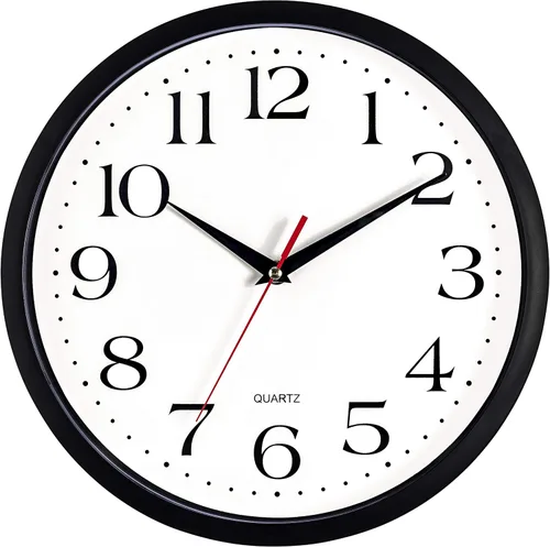 Bernhard Products - Reloj de cuarzo de pared negro, silencioso, sin tictac, redondo, 12 pulgadas, a pilas y fácil de leer, para hogar, oficina,