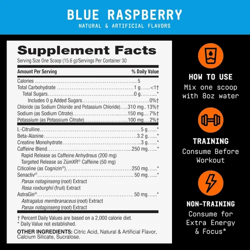 Miniatura 3 de BEYOND RAW LIT V2 - Polvo de entrenamiento de fuerza clínica, golpea más duro, bombas más grandes, cafeína, L-citrulina, creatina, frambuesa azul