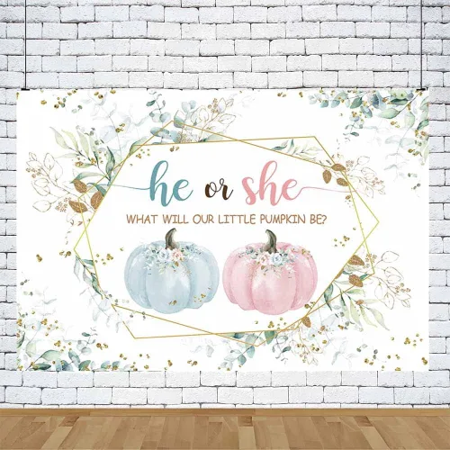 Miniatura 4 de AIBIIN Fondo de fotografía de calabaza de otoño de 8 x 6 pies, diseño de calabaza rosa o azul, hojas verdes, decoración de fiesta de baby shower