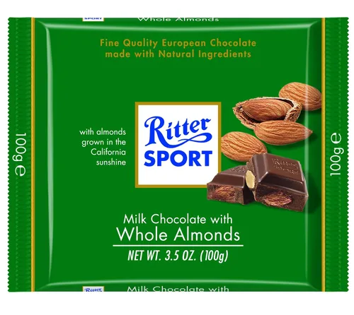 Ritter Sport Barra de chocolate con leche y almendras enteras, 3.5 onzas (paquete de 11).