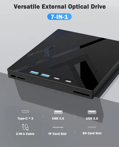 Miniatura 5 de Wbacon 7 en 1 unidad externa de CD/DVD para portátil, reproductor de DVD portátil para portátil con puerto SD/TF, unidad de DVD externa con USB