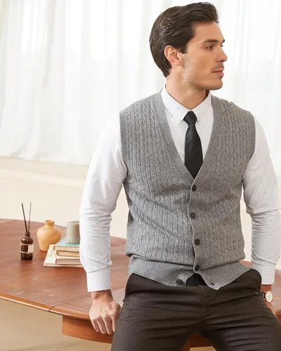 Miniatura 7 de Kallspin Suéter de punto trenzado para hombre, chaleco de mezcla de lana, cuello en V, con botones, sin mangas