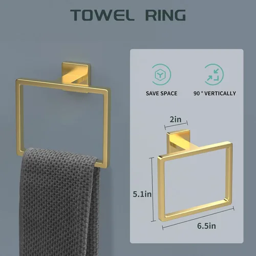 Miniatura 4 de Dorudon atrox Juego de herrajes de baño dorados de 7 piezas con accesorios de baño dorados cepillados - Cuadrado 2 barras para toallas portatoallas