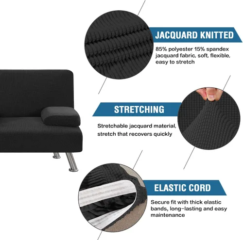 Miniatura 4 de LiveGo Funda para futón, 4 piezas, elásticas, para futón, sofá cama, con reposabrazos extraíbles y portavasos, protector de muebles, tela jacquard