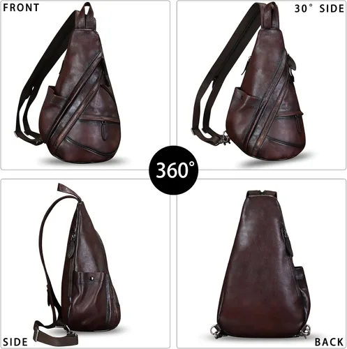 Miniatura 3 de Bolso bandolera de cuero genuino para hombres y mujeres, mochila de cuero para el pecho, bolsa cruzada de hombro