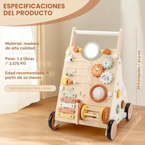 Miniatura 2 de Pithfor Andador de bebé de madera, andador de empuje para bebé con centro de actividades para niñas y niños, juguetes de andador de empuje Naranja