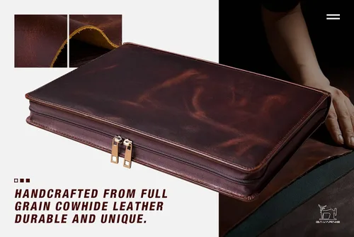 Miniatura 6 de Carpeta de piel auténtica para negocios, cartera de 3 anillas, carpeta de negocios con cremallera para hombres y mujeres, color marrón, Marrón