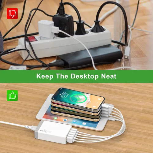 Miniatura 8 de Cargador de pared USB, estación de carga USB de escritorio para múltiples dispositivos, 40W 8A, 5 puertos, cargador portátil de viaje para teléfono