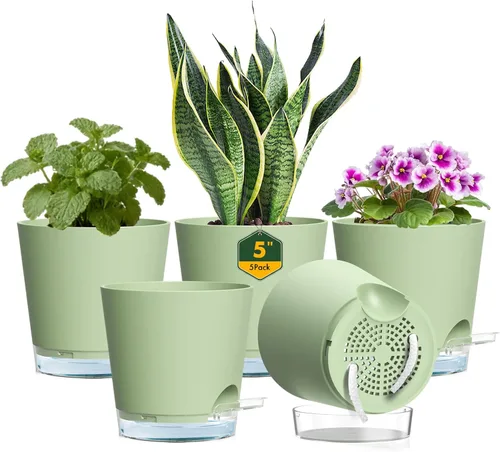 Miniatura 15 de Meowell Macetas de riego automático de 5 pulgadas para plantas de interior, paquete de 5 macetas pequeñas con agujeros de drenaje y depósito
