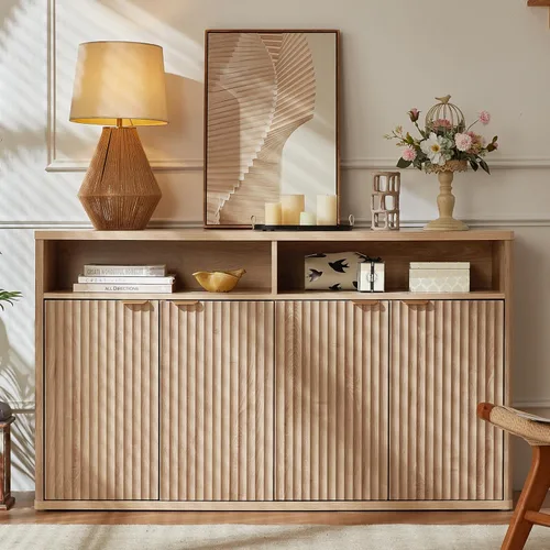 Miniatura 12 de LEYAOYAO Gabinete de buffet acanalado con almacenamiento, aparador de madera de 45 pulgadas de ancho con 3 puertas y estante de almacenamiento
