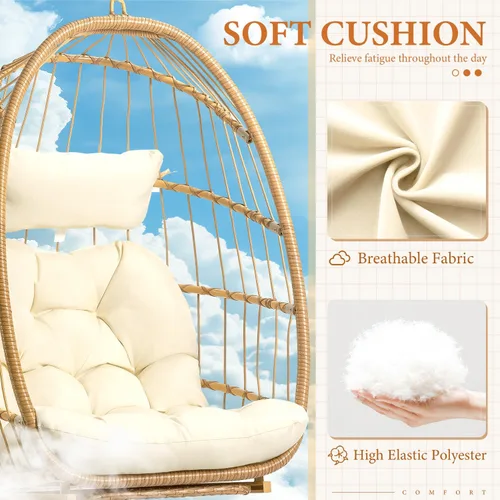Miniatura 3 de Silla colgante de huevo con soporte y reposapiés para interiores y exteriores, sillas de huevo de patio, silla hamaca de mimbre, marco de acero