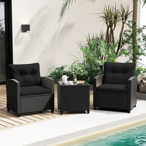 Miniatura 21 de RELAX4LIFE Juego de muebles de patio de 3 piezas, juego de conversación de mimbre con 2 sillones acolchados y mesa con tapa de cristal, juego