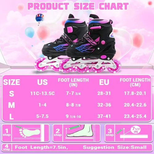 Miniatura 6 de Patines en línea para niñas y niños, patines ajustables de 4 tamaños para niños con ruedas de luz completa y jóvenes de 5 a 14 años, patines
