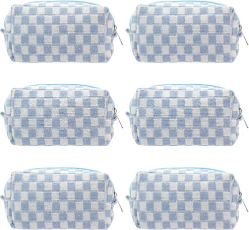 Miniatura 17 de PAZIMIIK Bolsa de Maquillaje a Cuadros para Bolso Portátil con Cremallera, Estuche Pequeño de Cosméticos para Accesorios de Viaje, Azul Ártico