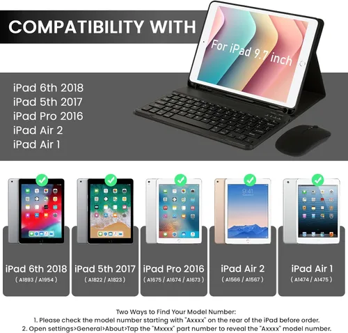 Miniatura 2 de SOPPY Funda con teclado Bluetooth con mouse para iPad de 6ª/5ª generación, iPad Pro de 9.7 pulgadas, Air 1/2, teclado inalámbrico desmontable