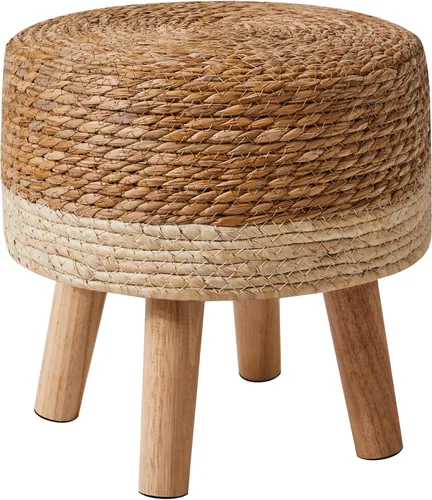 Miniatura 12 de YMYNY Taburete para pies, tejido de mano natural de algas marinas, 12.6 pulgadas, natural+azul HBD027Q Otomana pequeña, reposapiés redondo, patas