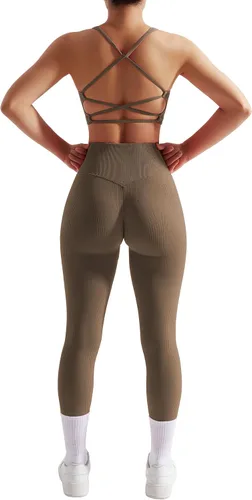 Miniatura 3 de OMKAGI Conjunto de entrenamiento acanalado para mujer, sin costuras, brasier deportivo con tiras y levantamiento de glúteos