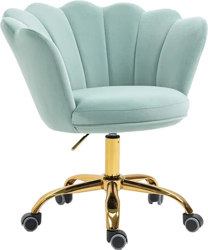 Silla cómoda de oficina en casa con ruedas, linda silla de escritorio ajustable de terciopelo con respaldo de concha marina moderna giratoria para
