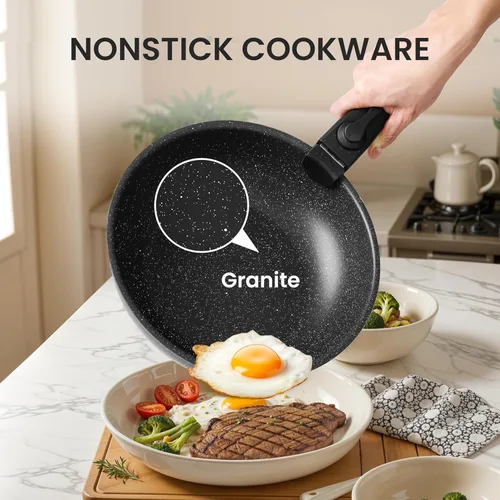 Miniatura 4 de Simple Deluxe Juego de 12 utensilios de cocina antiadherentes, con textura de granito negro y asas desmontables, resistentes a altas temperaturas