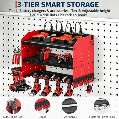 Miniatura 5 de Organizador de herramientas eléctricas con estación de carga, estante de garaje resistente de 3 capas con 8 tomas, 4 estantes de almacenamiento