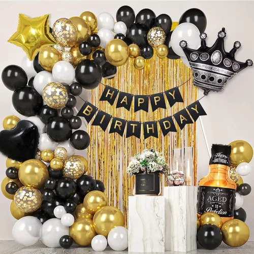 Miniatura 7 de Decoraciones de cumpleaños negras y doradas con pancarta de feliz cumpleaños, cortinas, botella, corona, globos de estrella de corazón y luz LED