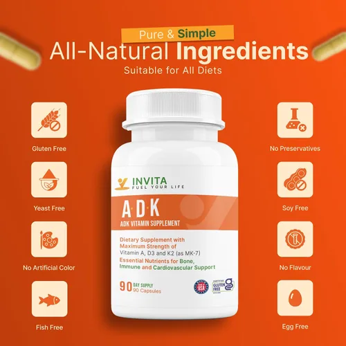 Miniatura 6 de INVITA, Suplemento vitamínico ADK – 90 cápsulas – Alta potencia de vitamina A, D3 5000 UI y K2-MK7 – Médico formulado para apoyo óseo, corazón e