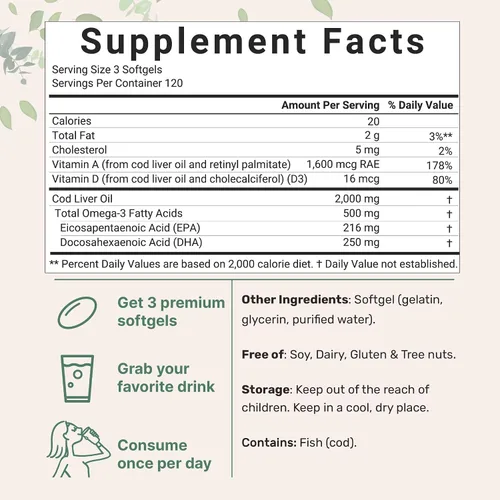 Miniatura 6 de Suplementos de aceite de pescado Omega 3 de triple fuerza, 4200 mg por porción y aceite de hígado de bacalao, 2,000 mg por porción, 360 cápsulas