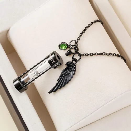 Miniatura 3 de PREKIAR Collar de urna de cremación para cenizas en forma de reloj de arena con dije de recuerdo 12 piedras de nacimiento y un ala de ángel