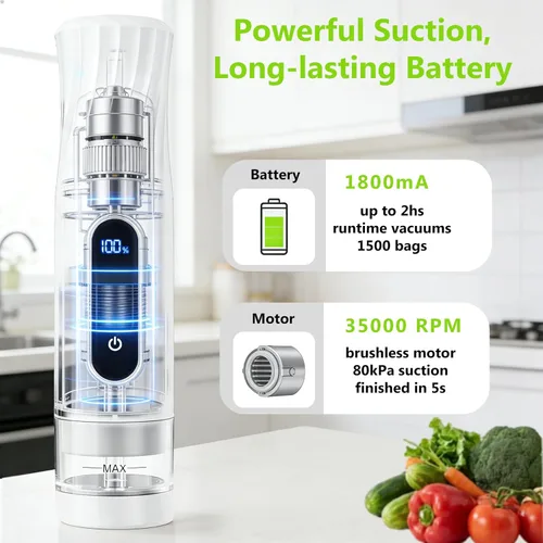 Miniatura 7 de Sellador al vacío compacto para almacenamiento de alimentos: sellador portátil de alimentos de mano, succión de 80 kPa, batería de 1800 mAh, 30