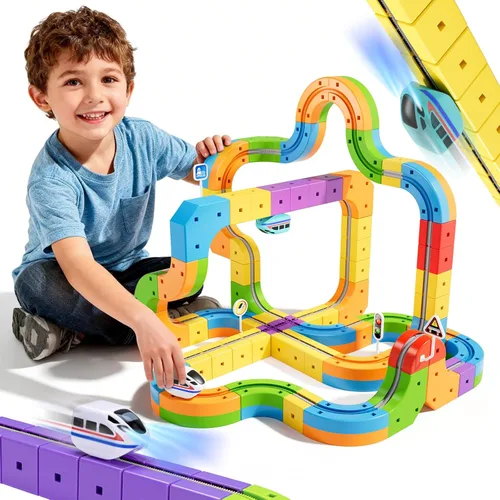 klick - Juego de tren eléctrico de raíles 3D con pista de carreras mágica flexible para niños de 3, 4, 5, 6, 7, 8 años, pista de carreras de autos