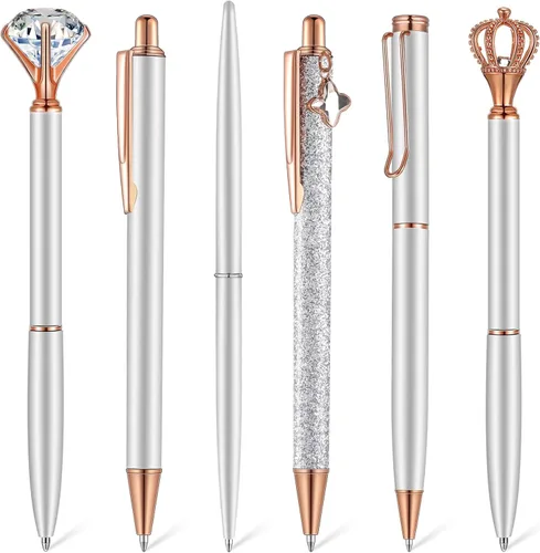 Miniatura 9 de Qeeenar Juego de 6 bolígrafos de bola de metal con cristales de diamante para diario, bonitos y brillantes, elegantes artículos de papelería, tinta
