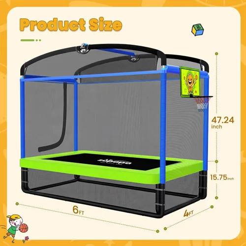 Miniatura 7 de Zupapa - Cama elástica rectangular de 4x6 pies con silla hamaca, aro de baloncesto y red de seguridad - Cama elástica para interiores y exteriores 5