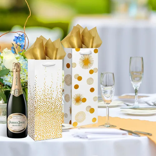 Miniatura 6 de Carnation Bolsas de vino – Paquete de 12 bolsas de regalo para botellas de vino de papel de aluminio dorado para ocasiones especiales
