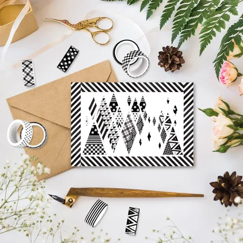 Miniatura 6 de Whaline 10 rollos de cintas Washi de color blanco y negro a cuadros, rayas, estrellas, Washi, cinta adhesiva decorativa de patrón geométrico surtido