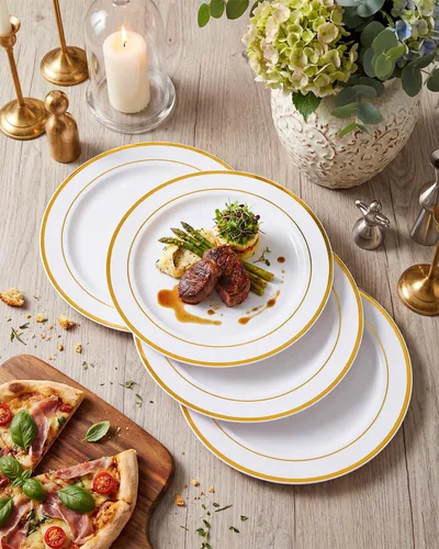 Miniatura 5 de bUCLA - 100 unidades de platos de plástico dorado - 10.25 pulgadas, platos blancos y dorados desechables para fiestas - Ideal para bodas, fiestas